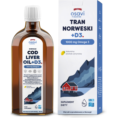 OSAVI Tran Norweski +D3, 1000 mg Omega 3 - smak cytrynowy (250 ml)